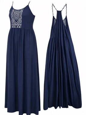 Pull&Bear Embroidered Maxi Dress Navy Blue Racerback Boho Festival Small